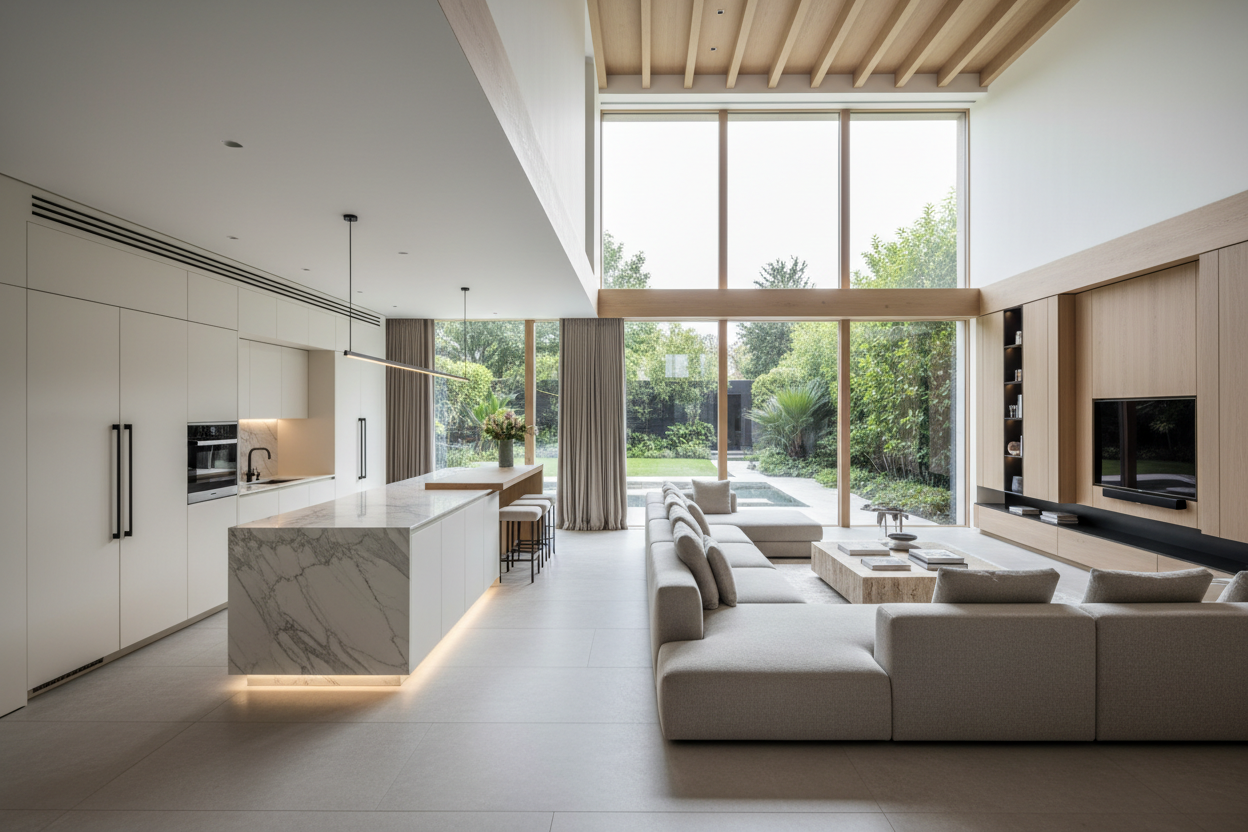 A modern open-plan living space with a large white marble kitchen island, white cabinetry, a light beige sectional sofa, and floor-to-ceiling windows overlooking green outdoor foliage.
